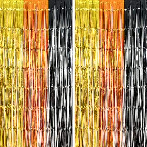 2 Stück Gold Orange Schwarz Folienvorhang 1 * 2m Metallische Lametta Vorhänge Party Hintergrundvorhang Schimmernder, Fransen Hintergrund Hängeschlange für Halloween Geburtstags Hochzeitsfeier