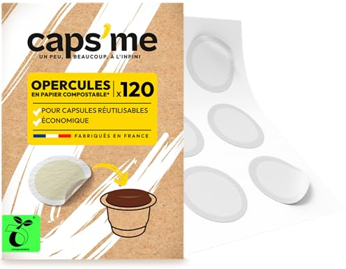 Caps Me - Made in France - 120 Opercules en Papier Compostable pour Capsule nespresso reutilisable, Compatible toute dosette reutilisable Nespresso