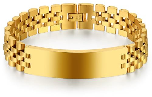 JewelryWe Personalisiert Armband Herren mit Gravur: Gold Edelstahl Glieder Link Armkette Armreif mit Gravurplatte - Individuelles Geschenk für Männer Papa Ehemann