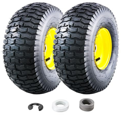 MZREXN 15x6.00-6 Lawn Mower Tires and Wheel Assembly, Front Tires Replacement, Compatible with John Deere & More Riding Mowers, 4 Ply Pneumatic, 3 Offset Hub, 3/4 Bearings, Tubeless, 2PCS