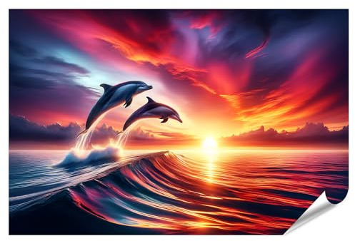 islandburner XXL Bild Poster Zwei Delfine springen bei Sonnenuntergang aus dem Meer Premium Bilder Fotodruck