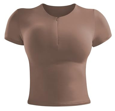 ZAAYO Sport T Shirt Damen Basic Sportshirt Double Lined Y2K Summer Crop Top Gym Top Leichtes Atmungsaktives Sport Tops mit Rundhalsausschnitt Gym Oberteil Yoga Tops Braun S
