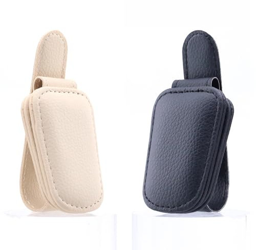 JASKFG Car Visor Sunglasses Holders, 2 Pcs, Magnetic, Leather, Glasses and Ticket Card Clip, Suitable for Car Interior Visor and Different Size Eyeglasses (2, Black and Beige)