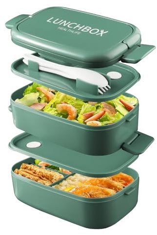 HENSHOW Bento Lunch Box, 1500ml Boîtes Bento Adulte 2 Couche Boîte Repas Compartiment Lunchbox Micro Ondes avec Couverts et Boîte à Sauce, Sans BPA Anti Fuite Bento Box pour Travail (Vert)