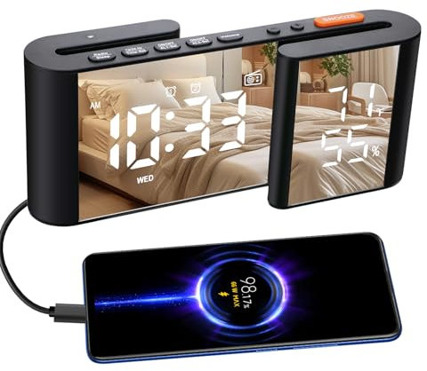 Bedside Radio Alarm Clock | S-Type Dual Screen Design,FM radio function,LED display temperature and humidity,12/24 time display,Volume/brightness adjustment,Dual alarm clock,USB Port (s0011)