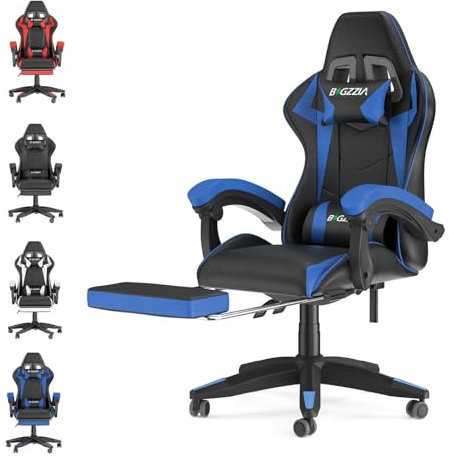 bigzzia Gaming Stuhl mit Fußstütze - Gamer Stühle Ergonomisch mit Lendenkissen + Kopfstütze Gaming Chair Höhenverstellbar Computerstuhl für Erwachsene Mädchen Junge (Blau)