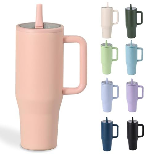 Moollyfox 1200ml/40oz Isolierbecher Auslaufsicher Edelstahl Doppelwandig Autobecher mit Strohhalm Kaffeetasse Kühlbecher Reisebecher mit Griff & Auslaufsicherer Deckel Rosa