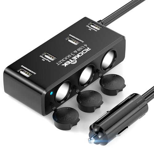Zigarettenanzünder Verteiler 120W Auto KFZ Ladegerät Adapter mit 3 Fach Steckdose 4 USB Anschlüsse, 12V/24V Verteiler 3 DC Socket Splitter Car Splitter für iPhone/iPad/Dashcam/GPS/Sitzheizung/Tablet