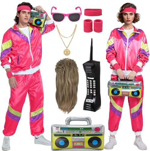 Mrsclaus 80er 90er Jahre Outfit für Herren Damen Jogginganzug Trainingsanzug Kostüm Erwachsene Disco Karneval Partnerkostüme Set mit Pop Rock Perücke Radio Telefon C057S
