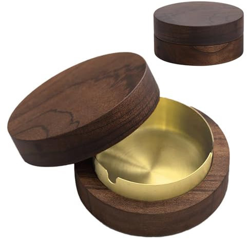 Aschenbecher mit Deckel, Hölzern Windaschenbecher, Gold Aschenbecher für Draussen Holz, Aschenbecher mit Deckel für Draußen, Herausnehmbare Edelstahl Auskleidung, für Party, Bar, Büro, Wohnzimmer