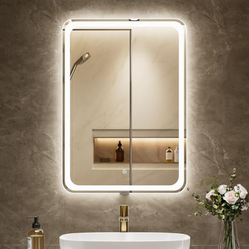 MIRROLIA badspiegel mit Beleuchtung, Sandstrahl-Design led Spiegel Bad, 3 Farbtemperaturen, Dimmbar, Entfogging, Memory-Funktion, Modernes Design, HD, Touch-Schalter