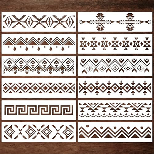 JSRQT 12 Stücke Azteken Schablonen zum Bemalen,Boho Wandmuster-Malschablonen für Holz, Wände, Leinwand & Möbel, Wiederverwendbare DIY Schablonen zum Malen (28 x 7.6 cm)