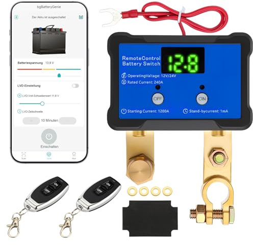 GEARMONSTER Drahtloser Ferngesteuerter Batterietrennschalter, 12V 240A, mit Led-Spannungsanzeige, App-gesteuert, Anti-Diebstahl, Batterie Kill Switch für Auto, Wohnmobil, ATV, LKW, Marine, Blau