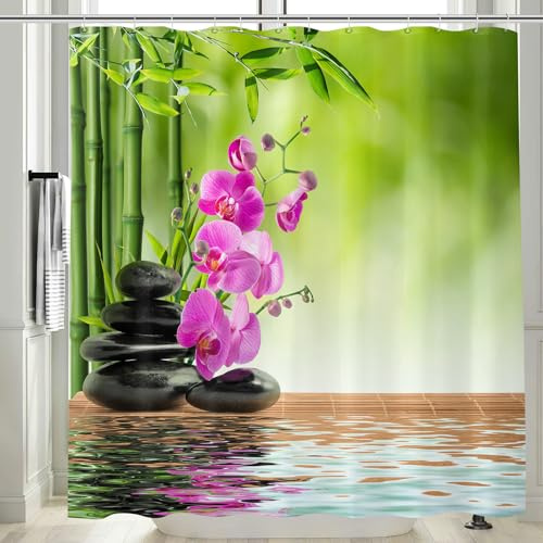 Vgzsyomqib Rideau Douche Anti Moisissure Motif Zen Rideaux Baignoire 180x200 Tissu Polyester Imperméable Waterproof Imprimé Bambou Orchidée Galet Rideau de Douche Lavable Machine, Rose Vert