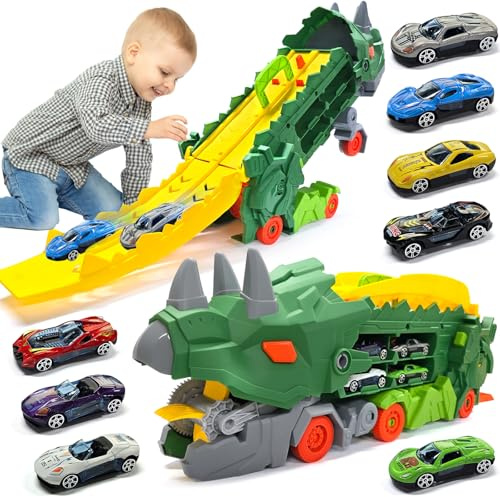 YADODO Camion Dinosaure Jouet Enfant avec 8 Petites Voitures, Dinosaure Jouet Camion Transporteur Portable Pliable Circuit Voiture Enfant Garçons Filles 3 4 5 6 Ans (Vert)