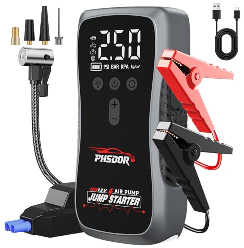 Avviatore Batteria Auto con Compressore 150PSI 8000A 25000mAh, Booster Avviamento Auto (Tutti Gas/10.0L Diesel), Avviatore Emergenza Starter Batteria con Torcia a LED