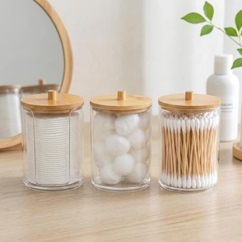 YCSONLY 3Pcs Clear Acrylic Cotton Bud Holder with Dustproof Bamboo Lid, Stackable Qtip & Cotton Pad Organizer, Portable Makeup Storage Jar for Bathroom Vanity Office & Gift