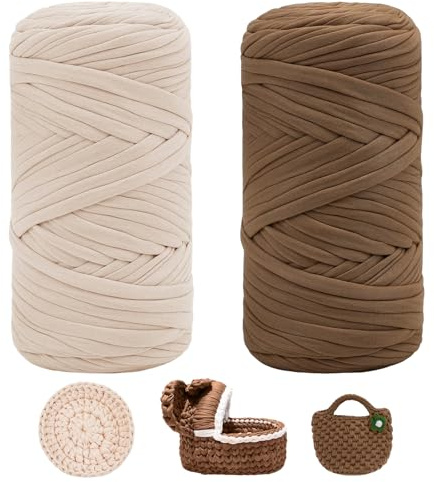 TTYSHIP® 2 Pièces Tshirt Yarn, Fil Tee Shirt pour Crochet, 200g/80m Chacune, Fil pour T-Shirt pour Sacs, Paniers, Tapis, Bricolage (Abricot + Brun Foncé)