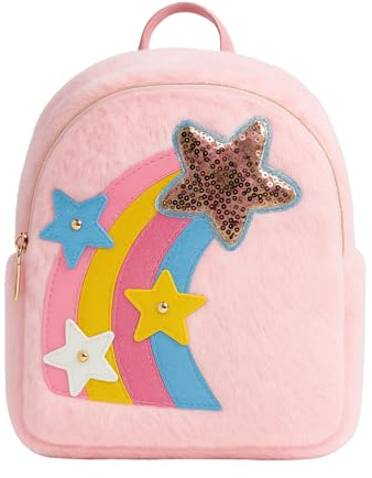 minimutz Kindergartenrucksack Plüsch Mädchen, flauschiger Kinder Plüschrucksack, Freizeitrucksack Kindergarten Kita mit Vordertasche, 26x23x5 cm, 3L (Regenbogen mit Stern)