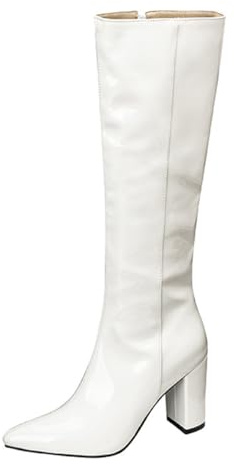 Wtharosa Stivali al Ginocchio Donna in Pelle Verniciata Bianca Punta Tonda Tacco Medio Blocco Zip Laterale Stivali Lunghi per Cocktail Autunno Inverno & Serata Eleganti,Bianca,34 EU