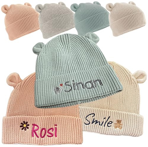 Baby Bio Baumwoll Strick Mütze mit Name & Motiv Bestickt | Individuell personalisiert -4 Farben & viele süße Motive zur Auswahl