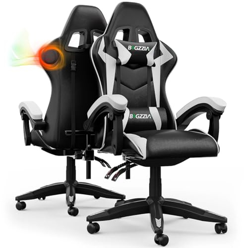 bigzzia Gaming Chair with Speakers Reclining PC Chair Ergonomic Design | Built-in Bluetooth Speakers Faux leather, up to 110kg with Linked Armrest Reclining Range 90°-155°(White)