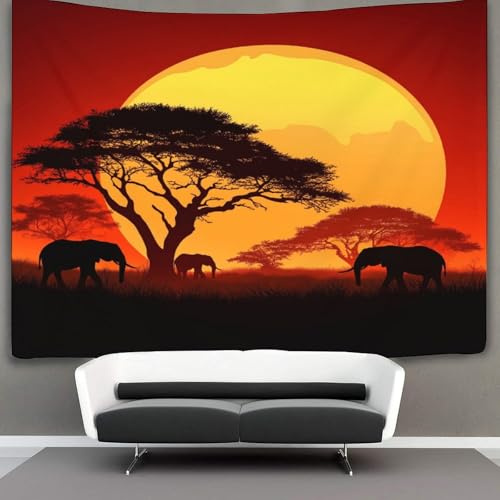 kaiyun Afrikanischer Hintergrund Wandbehang Wandtuch Sonnenuntergang Baums Elephants Wandteppiche 3D Heimdekoration Für Raum 150cmx200cm
