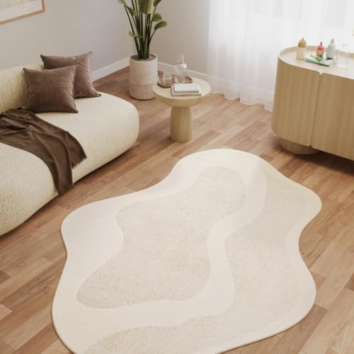 TAPISO Terra Teppich für Wohnzimmer & Schlafzimmer, Kurzflor Teppich unregelmäßige Form, 3D Effekt, Creme Beige Weiß, modern, pflegeleicht, ÖKOTEX 300 x 400 cm