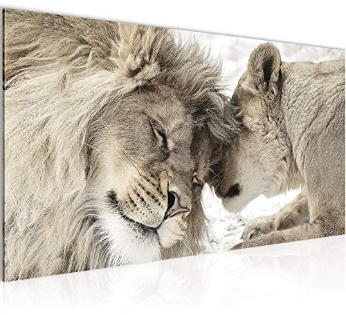 Runa Art Wandbild Löwen Liebe 1 Teilig 100 x 40 cm Modern Bild auf Vlies Leinwand Löwe und Löwin Wohnzimmer Schlafzimmer Beige 002112b