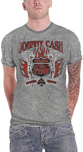 Johnny Cash T Shirt Distressed Ring of Fire Logo offiziell Herren Nue Blau Burn