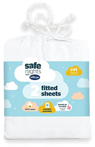 Silentnight Safe Nights Fitted Sheet - Cot Bed Mattress - Breathable 100% Cotton Jersey - Super Soft Kind to Baby Skin - 140x70cm - Secure Fit with Elasticated Corners - 2 Pack, White
