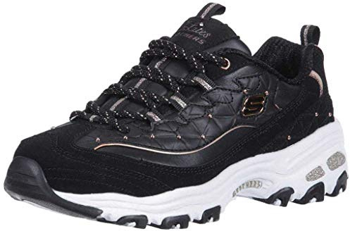 Skechers Women's D'Lites Glamour Feels Sneaker, Black Leather/Rose Gold Trim, 8 UK