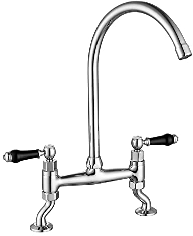 Peppermint Traditional Kitchen Sink Mixer Tap Bridge Monobloc Kitchen Mixer Faucet with Dual Black Handles, Chrome Bar Taps 2 Hole with Swivel Spout, Deck Mounted