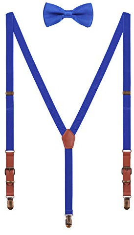 WANYING 2cm Hosenträger Fliege Sets | Retro PU Leder 3 Messingartige Clips Y Form Hosenträger Elastisch Verstellbar für Körpergröße 140-190cm - Königblau