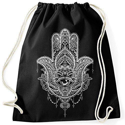 Autiga Turnbeutel Hamsa Fatimas Hand Mandala Boho Bohamian Ethno Tribal Ornament Hipster Beutel Tasche Gymsac schwarz Unisize