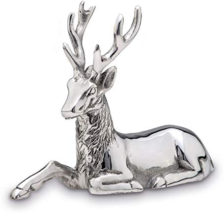 Große liegende Aluminium Deko Hirsch-Figur - silbern glänzende Jagdfigur mit Geweih - Weihnachts-Deko zum Hinstellen Höhe 15 cm