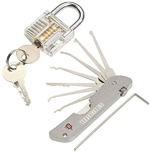 AGT Dietrich: Set aus Lockpicking-Tool mit Übungsschloss (Dietrich Türöffner, Set mit Übungsschloss, Vorhängeschloss)