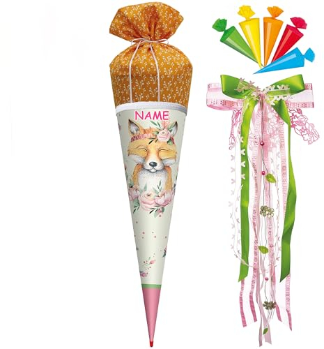alles-meine.de GmbH Set Schultüte + 5 kleine Stoffschultüte - Zuckertüten - süßer Fuchs & Blumen - 70 cm - mit Holzspitze - rund - incl. Name und große Schleife - Filzabschluß ..