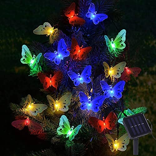 Solar lichterkette aussen - 12LED Lichterkette Solarbetriebene Schmetterlings Draußen Wetterfest, 8 Modi Garten Beleuchtung Solarlichterkette für Xmas Bäume Garten Balkon Terrasse Hochzeit Party Deko
