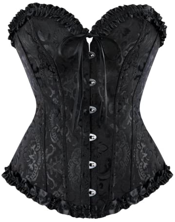 SZIVYSHI Femme Corset Noir Grande Taille Gothique Satin Corsette Sein Nu Minceur Lingerie avec Ruban Lacet et G-String,L