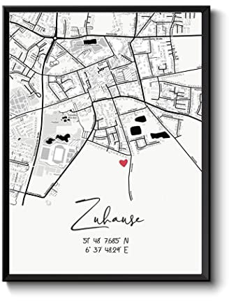 Poster Stadtplan personalisiert mit Koordinaten | schwarz-weiß Bild ZUHAUSE mit gps-Daten | minimalistischer Druck Wanddeko | Geschenk Einzug Hausbau Hochzeit Umzug