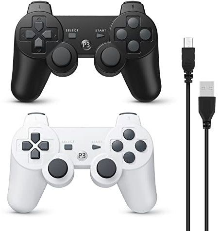 Powerextra Mando Inalámbrico para PS3, 2 Pack Wireless Bluetooth Six-Axis Playstation 3 Gamepad Joystick Controlador con Doble Vibración Recargable Controller con Cable para PS-3(Negro&Blanco)