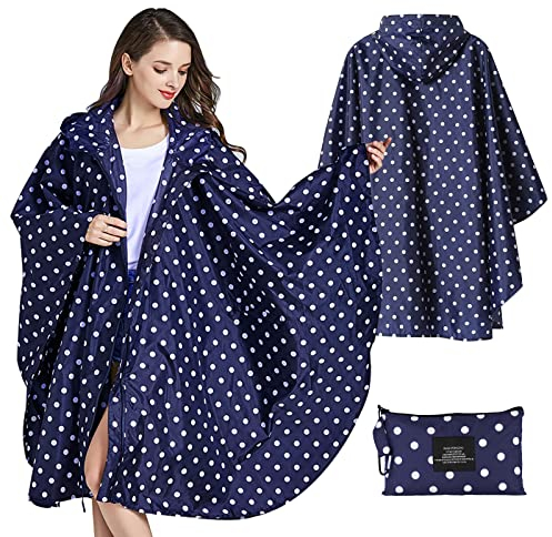 SOPPY Regenmantel für Frauen, Langer Regenponcho wasserdichte Regenbekleidung Regenjacke Winddichte Regencape Raincoat Regenschutzbekleidung mit Pattentasche Kapuze Tunnelzug, Blauer Punkt