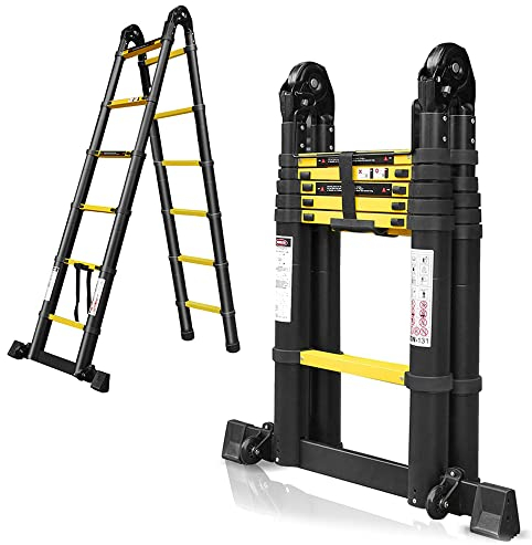 Cecaylie - Scala telescopica antiscivolo in alluminio, 5 m, allungabile (2,5 + 2,5 m), capacità di carico: 150 kg, nero