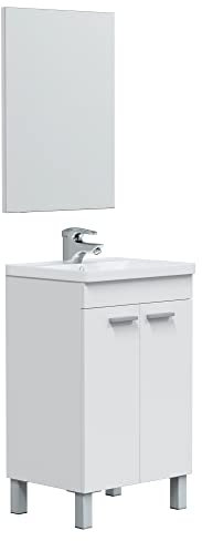 HOMN LIVING Mueble de Baño Levis 2 Puertas y Espejo, Acabado en Blanco Brillo, 50 cm (Ancho) x 40 cm (Fondo) x 80 cm (Alto)