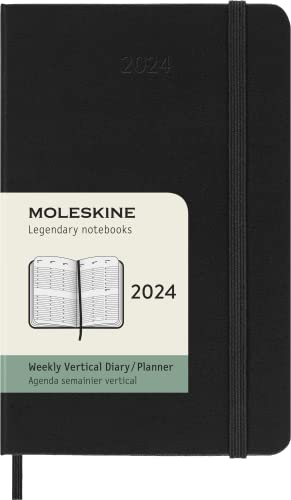 Moleskine Wochenplaner Vertikal 12 Monate 2024, Planer 2024, Pocket Format 9x14, Hardcover und elastischer Verschluss, Farbe Schwarz