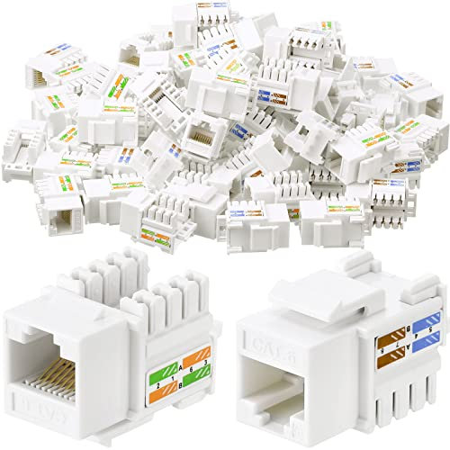 Hoteam Lot de 100 prises Keystone Cat6, coupleur modulaire Ethernet RJ45, connecteur UTP à 90 degrés pour plaque murale, panneau et boîtier de montage en surface (blanc)