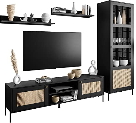 lukmebel Wohnwand – für Moderne, Boho-, Skandinavische Räume – Stabile Struktur – Schwarz + Thonet Wiener Rohrgeflecht – Metallknöpfe – Gerade Metallbeine