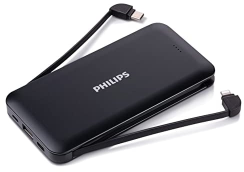 PHILIPS Powerbank - DLP8713C/03-10.000 mAh - USB-A- und USB-C-Anschlüsse - USB-C- und Lightning-Kabel - Anschluss für 4 Geräte - Schwarz