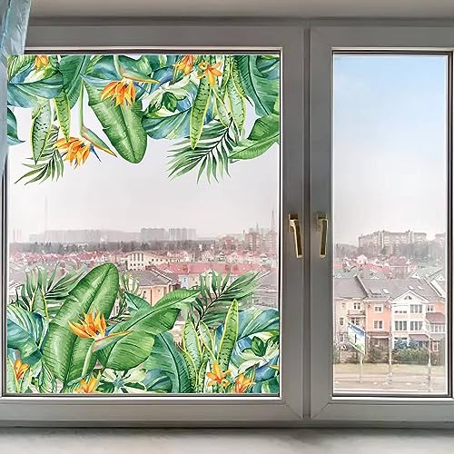 GORGECRAFT 118x39cm Grandi Foglie di Banano Adesivi per Finestra Piante Tropicali Foglie Verdi Fiori Vetrofanie Biadesivo Non Adesivo Statico Trasparente Adesivo per Finestra per Porta Scorrevole